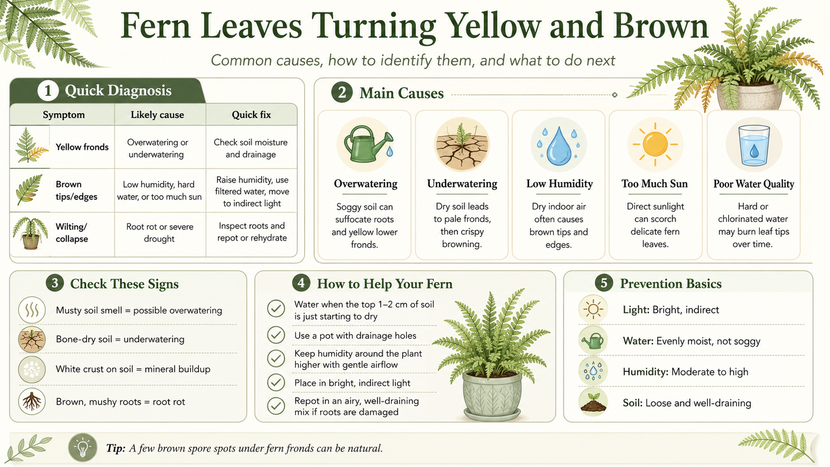 fern leaves turning yellow and brown causes, fixes, and simple care tips