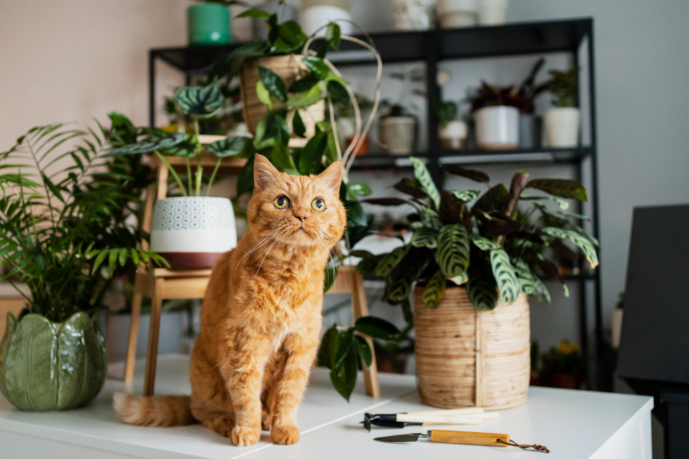 Household fern positioned in a home with a cat nearby