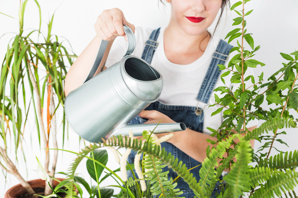 Water being applied carefully to the potting mix of a fern